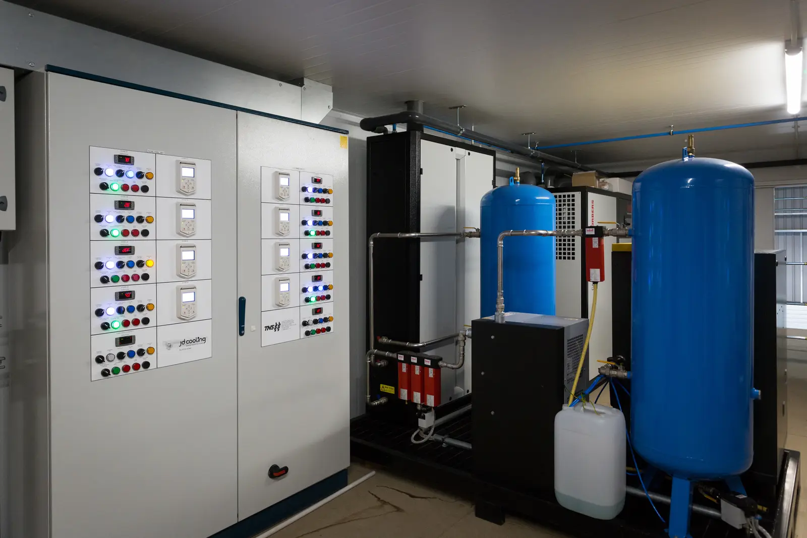 CA store control panels and nitrogen equipment in a plant room